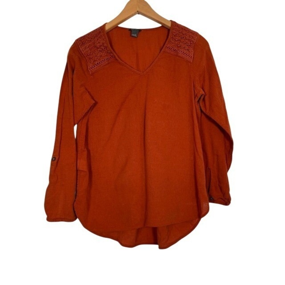 Eddie Bauer Orange Cropped Sleeve Lace Yoke V Neck Casual‎ Shirt Women's Small